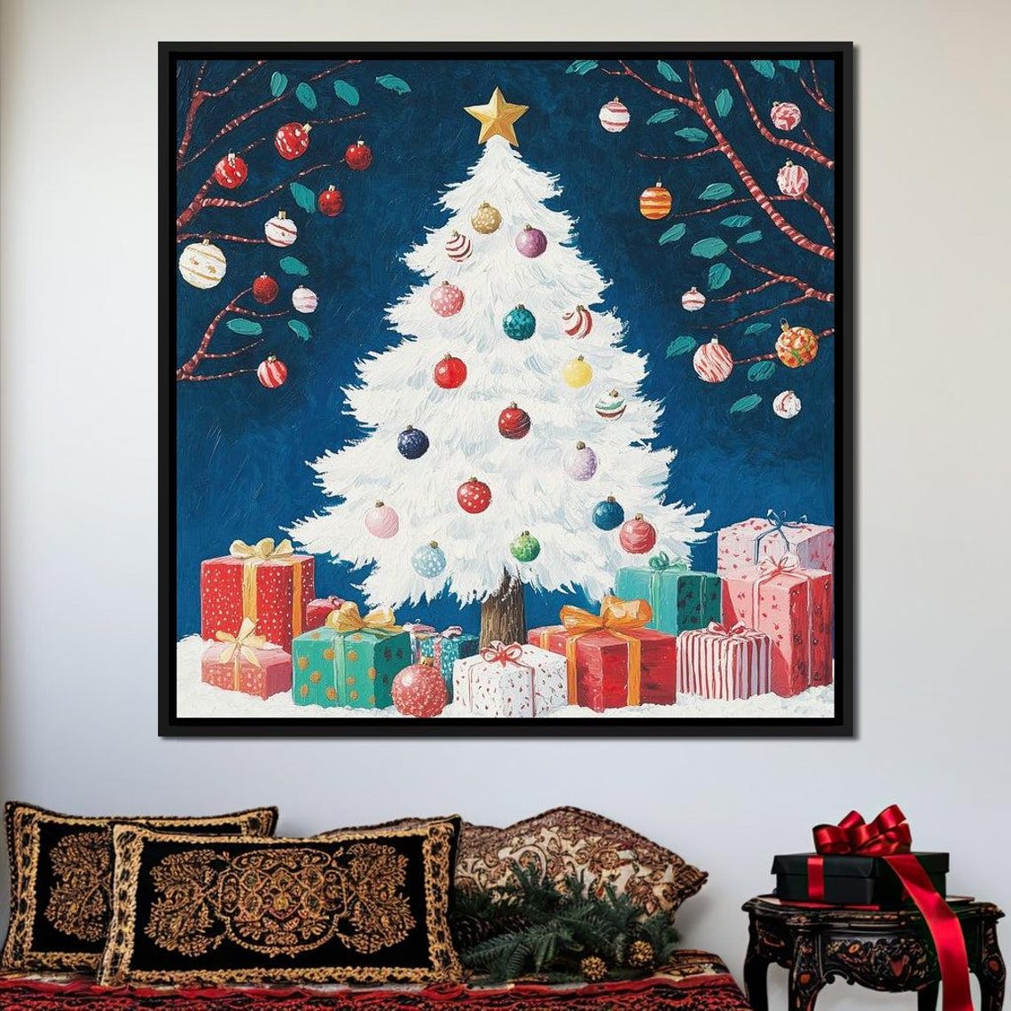 White Christmas Tree With Colorful Ornaments Gifts Holiday Poster - Image 4
