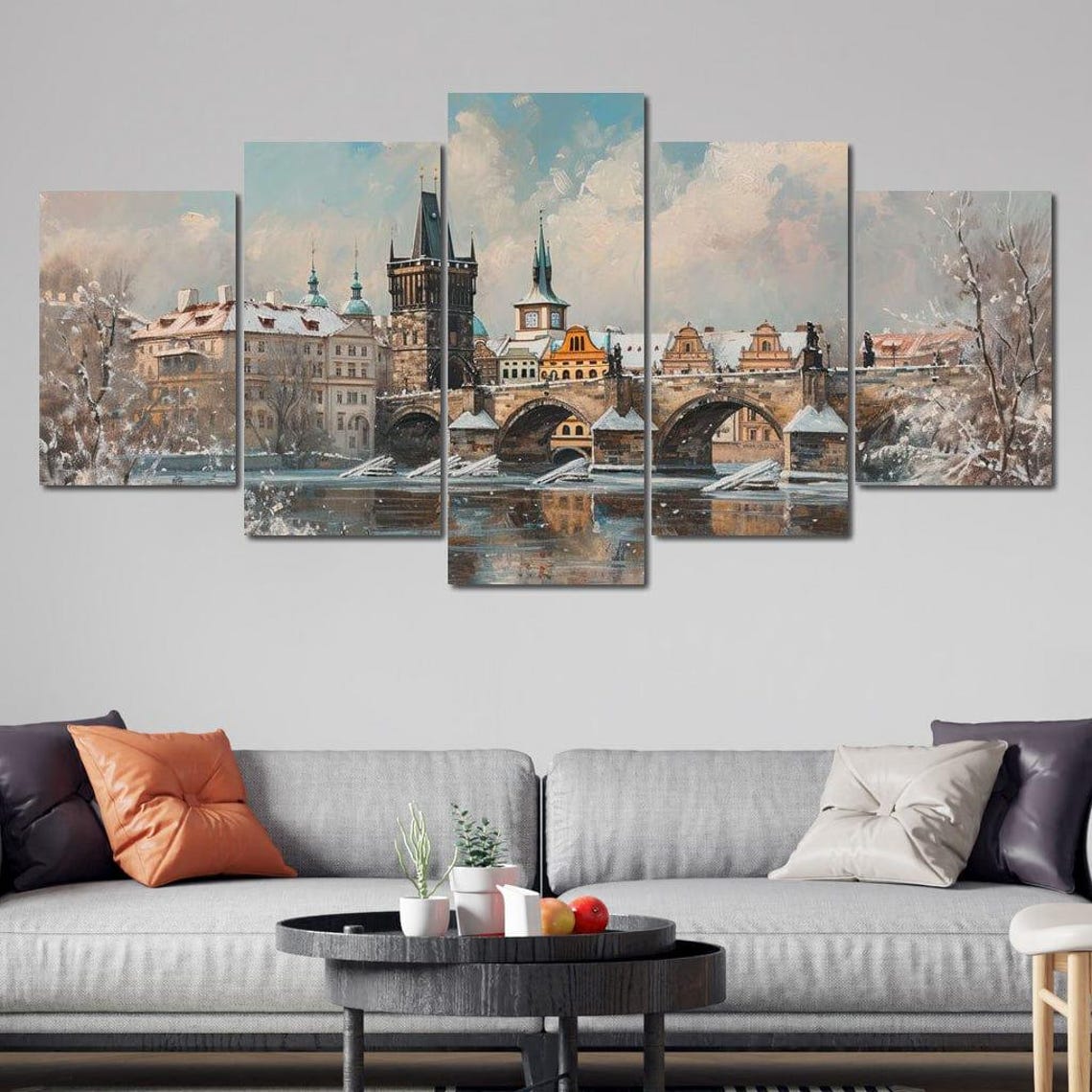 Prague Charles Bridge Snowy Winter River Five Panel Canvas Art Poster - Image 3