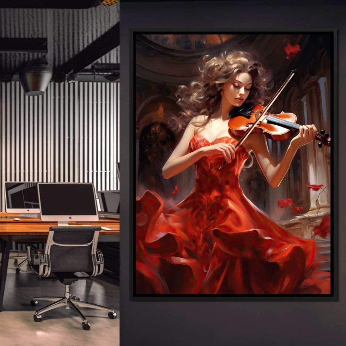 Red Violinist Elegant Woman Playing Violin In Crimson Gown Art Poster