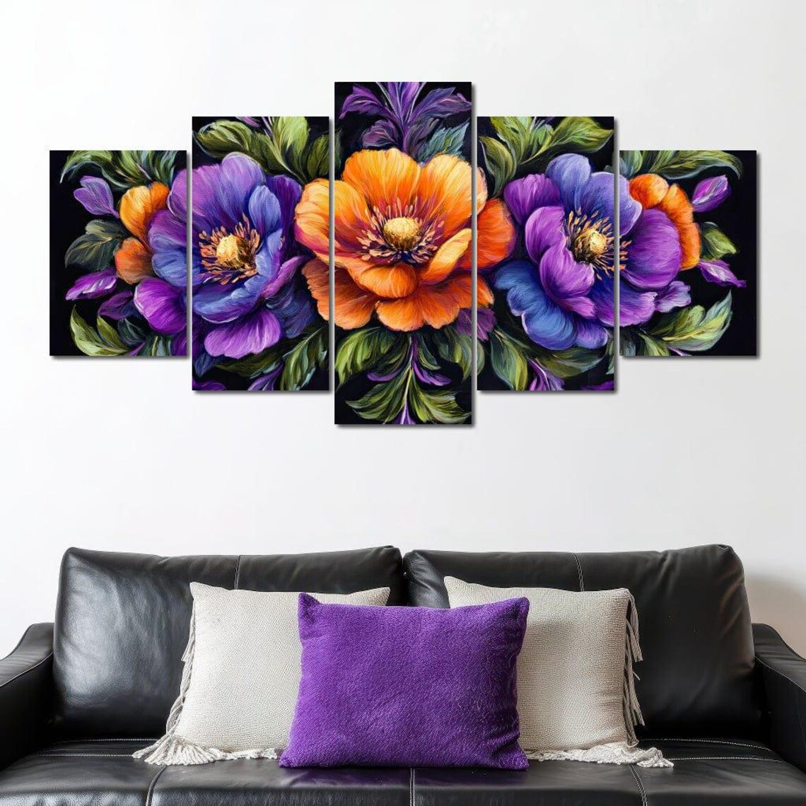 Purple Orange Symmetric Floral Botanical Black Ground Painting Poster - Image 4