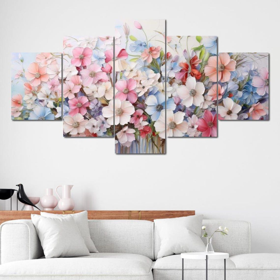 Pastel Wildflowers Multi Panel Canvas Set Pink Blue Floral Wall Art