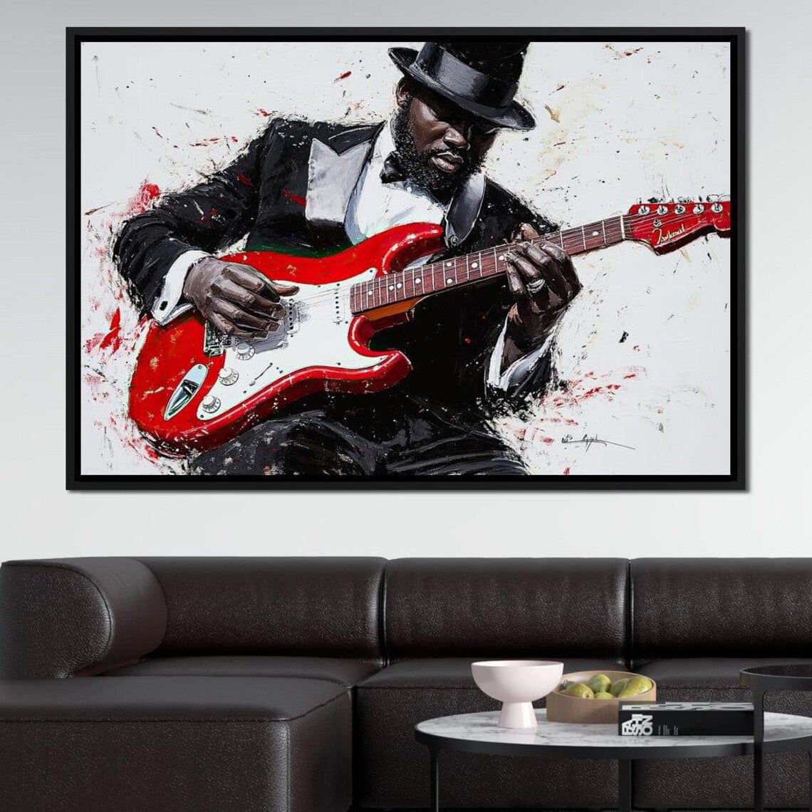 Jazz Musician Red Electric Guitar Splatter Framed Music Wall Art - Image 3