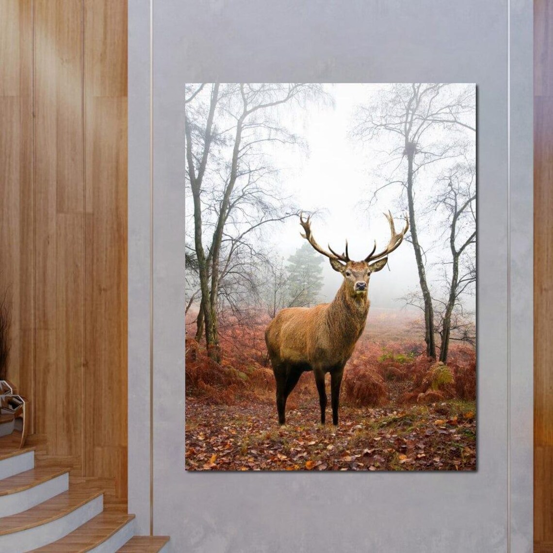 Majestic Red Deer Stag Misty Autumn Forest Wildlife Art Poster - Image 3