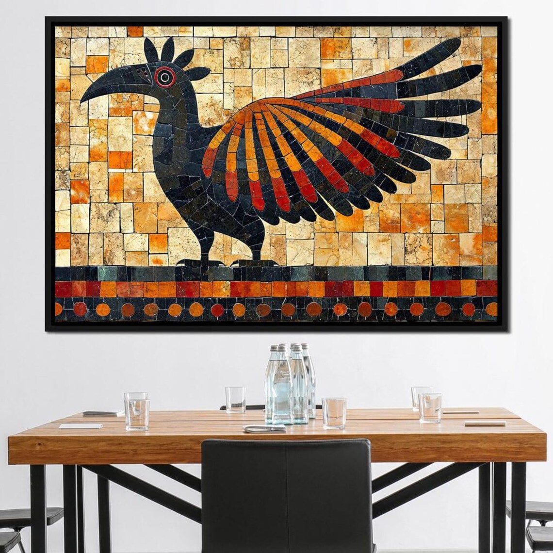 Mosaic Bird in Flight Black Orange Tiles Folk Art Style Wall Art Print - Image 2