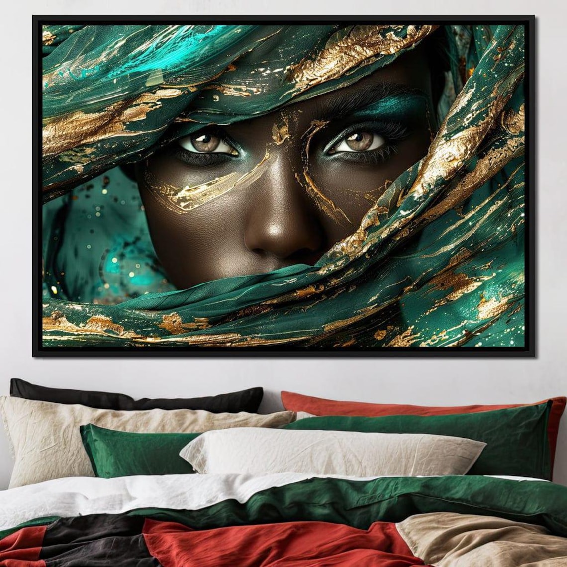 Emerald Gaze Face Portrait, Green and Gold Art Print - Image 4