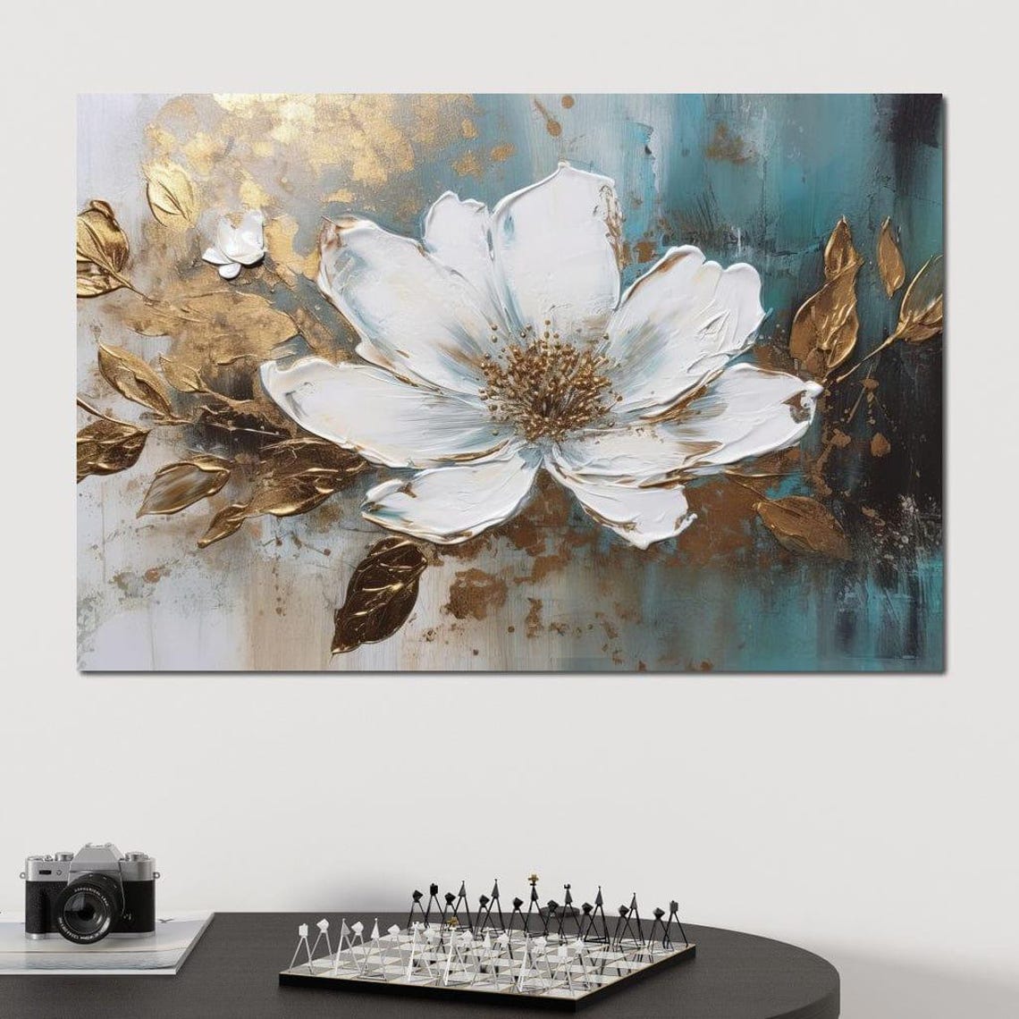 White Magnolia Multi Panel Canvas Flower Gold Teal Abstract Wall Art - Image 3