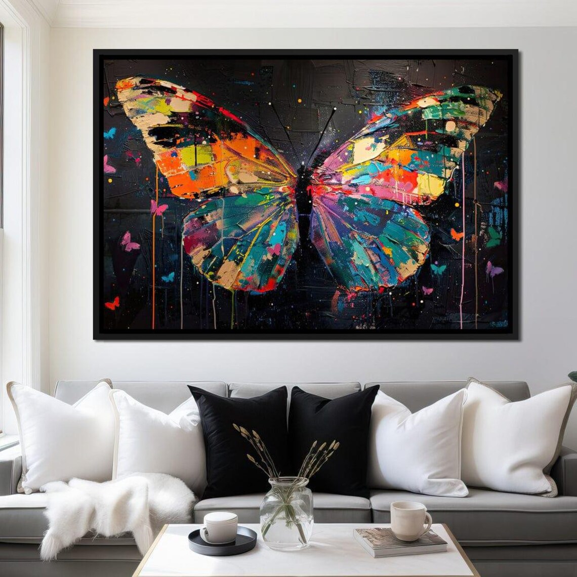 Colorful Mosaic Butterfly Abstract Paint Splatter Wings Dark Wall Art - Image 2