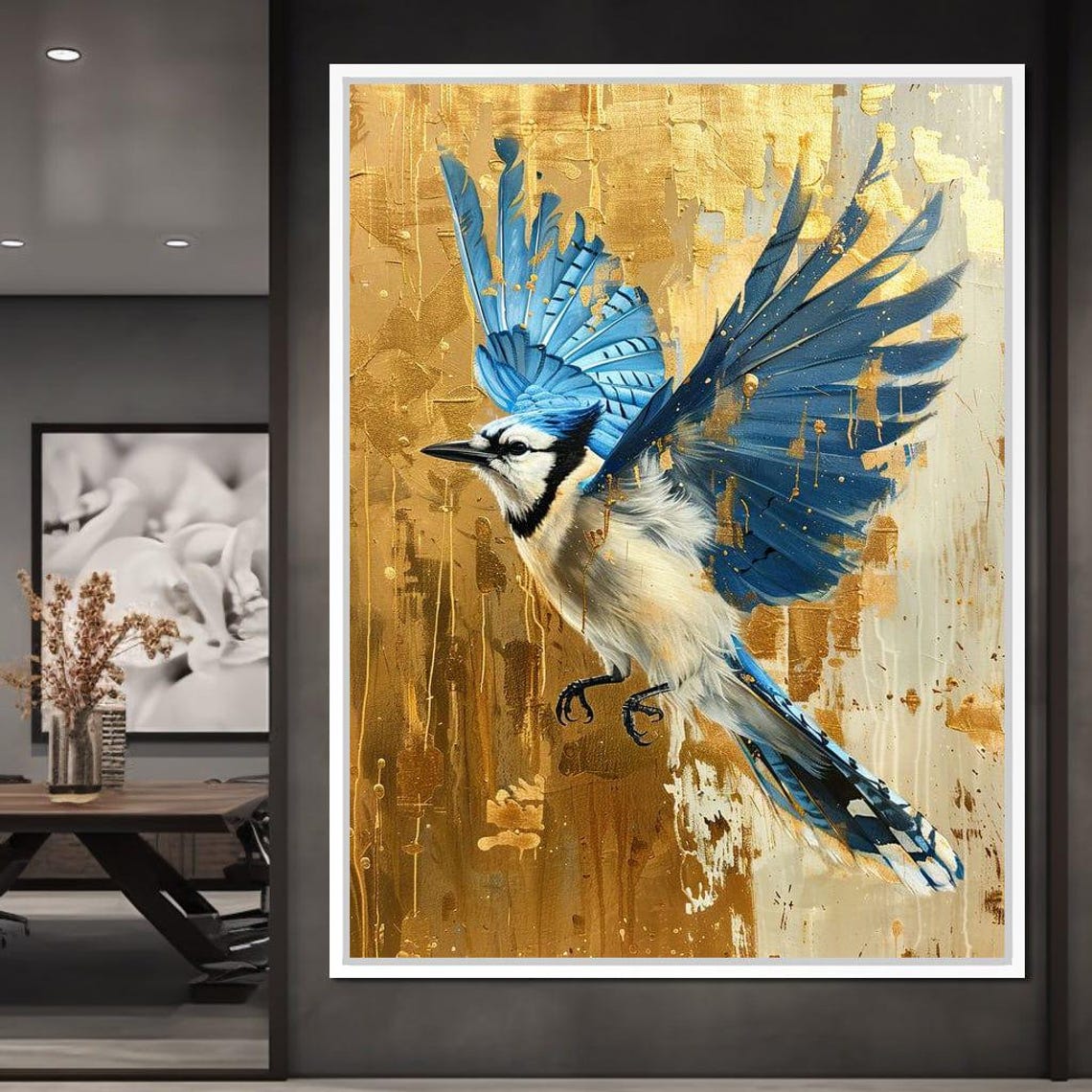 Blue Jay in Flight Golden Background Majestic Bird Wall Art Poster - Image 4