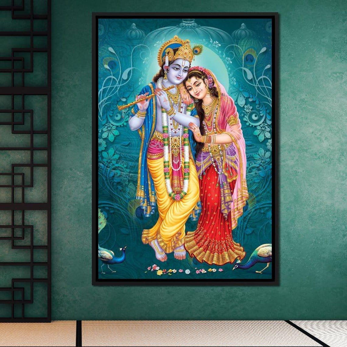 Radha Krishna Divine Couple Colorful Hindu Spiritual Peacock Wall Art