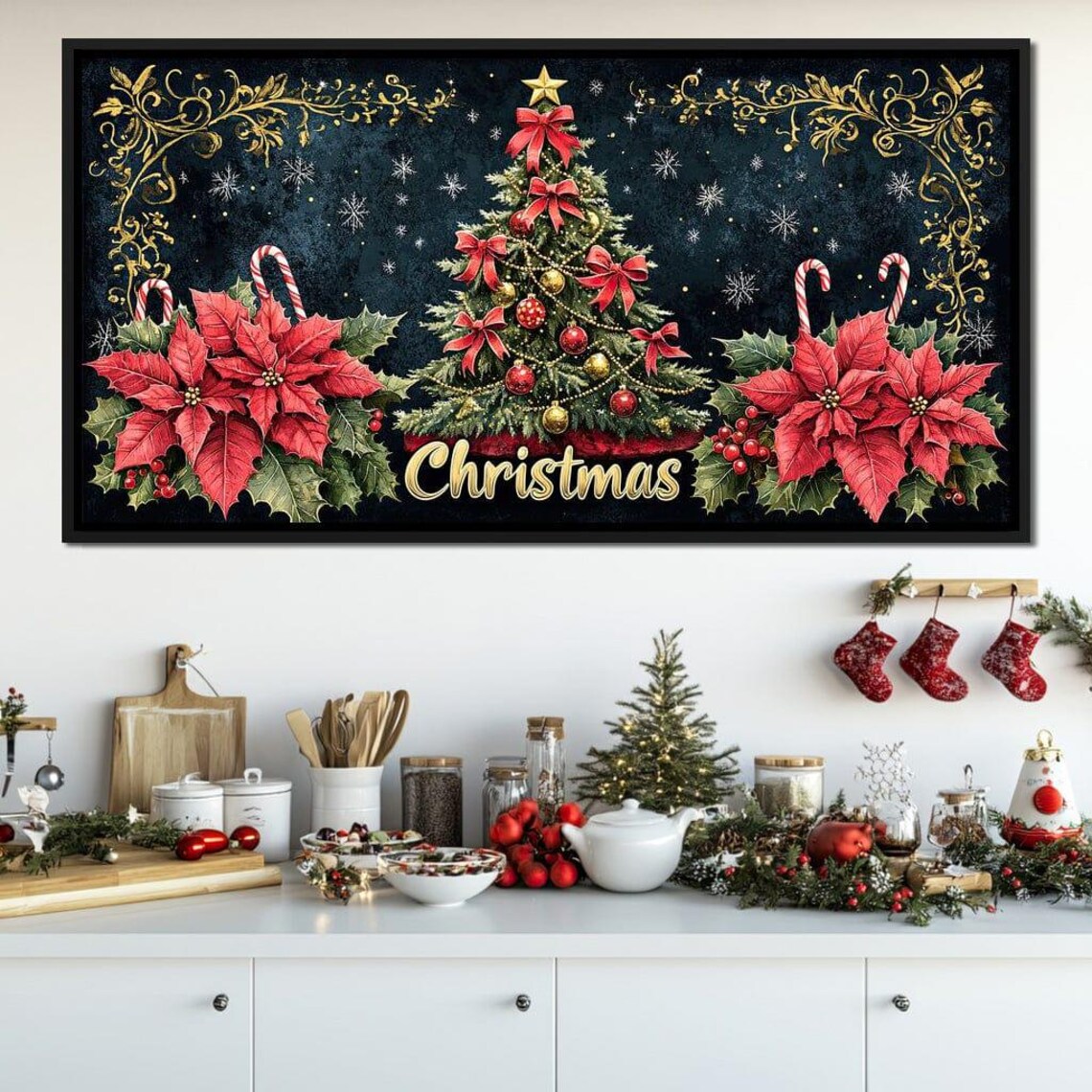 Christmas Tree Poinsettia Candy Cane Gold Lettering Holiday Poster - Image 3