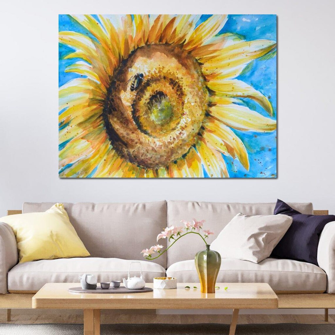 Yellow Sunflower Blue Sky Watercolor Botanical Macro Flower Print - Image 4