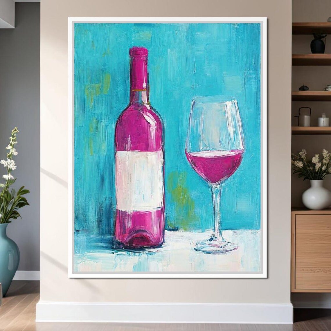 Magenta Wine Bottle and Glass Turquoise Bold Kitchen Bar Wall Art Print - Image 4