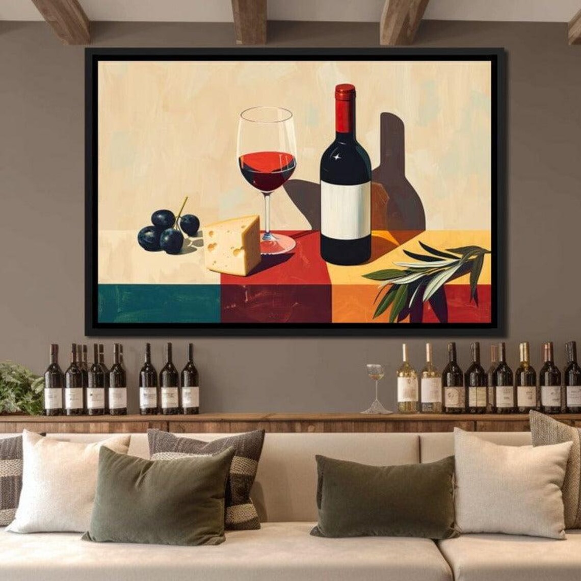 Red Wine Bottle Glass Cheese Figs Modern Still Life Kitchen Wall Art Print - Image 4