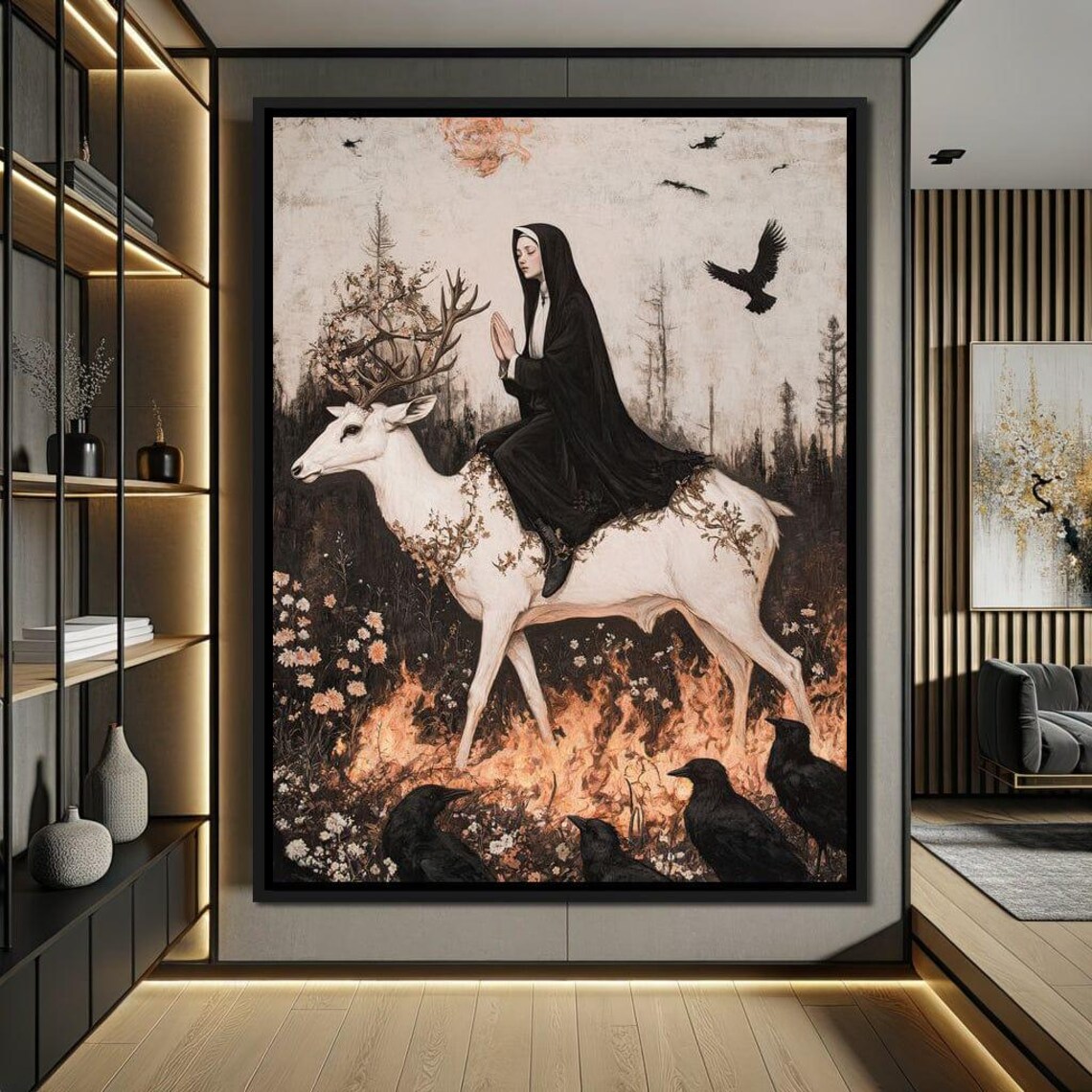 Praying Woman White Stag Fire Ravens Gothic Dark Fantasy Wall Art - Image 3