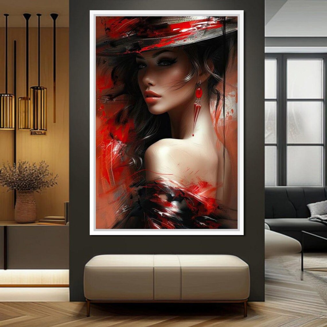 Sultry Woman Red Painted Hat Red Earrings Expressionist Art Print - Image 3