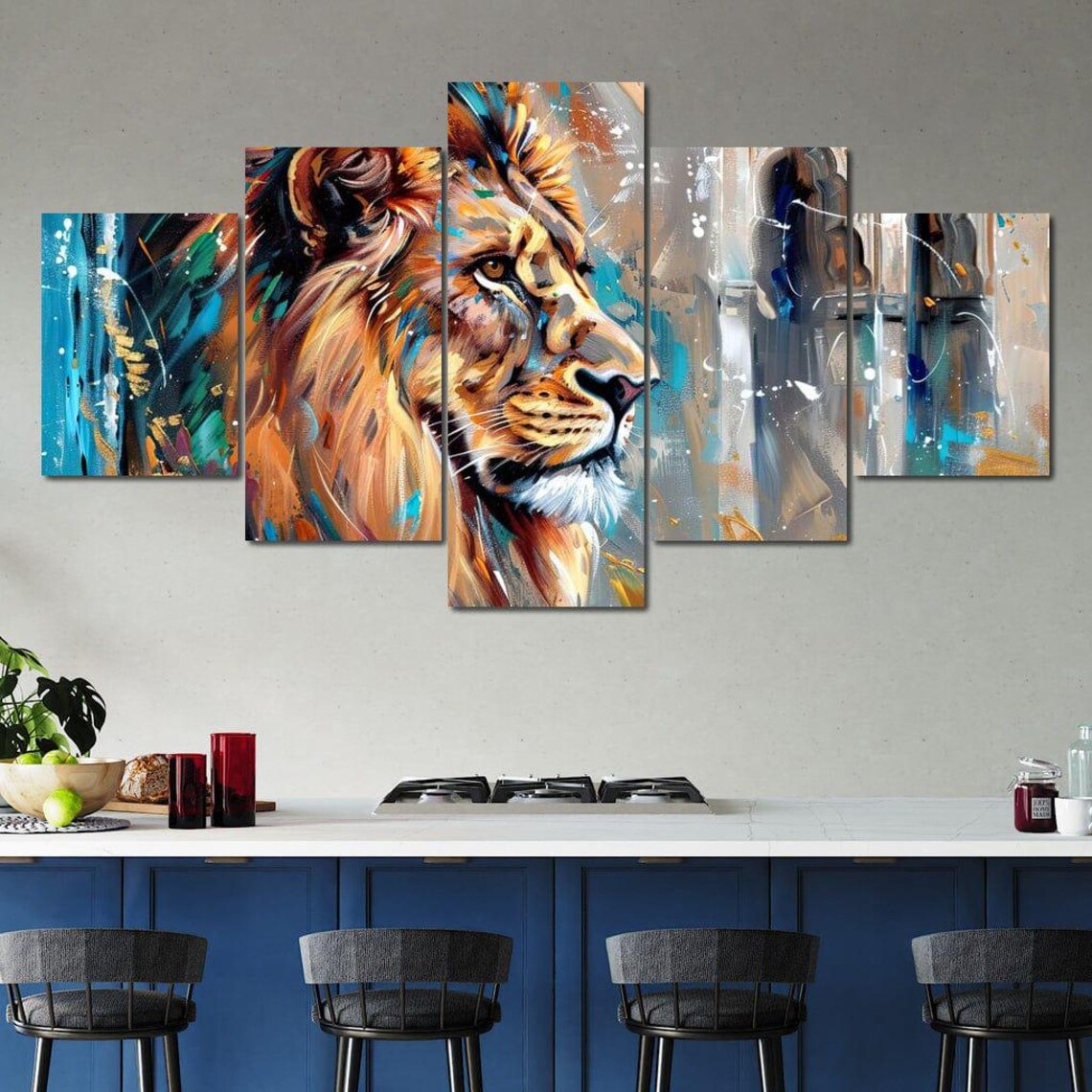 Regal Lion Portrait Vibrant Brushstroke Turquoise Gold Wall Art Poster - Image 3