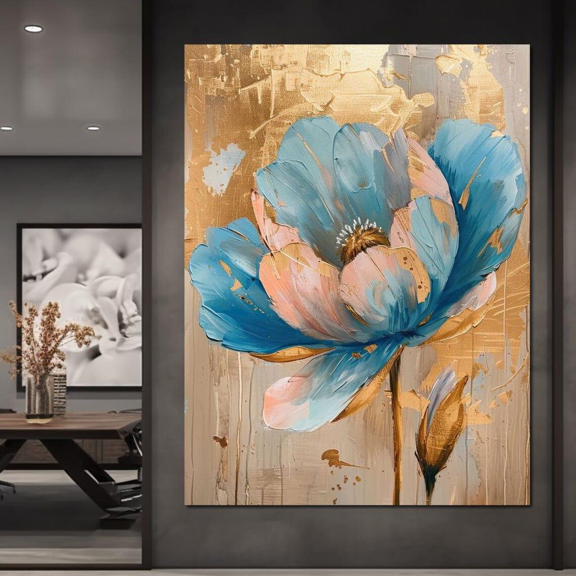 Blue Peach Poppy Flower Gold Textured Background Elegant Art Poster - Image 4