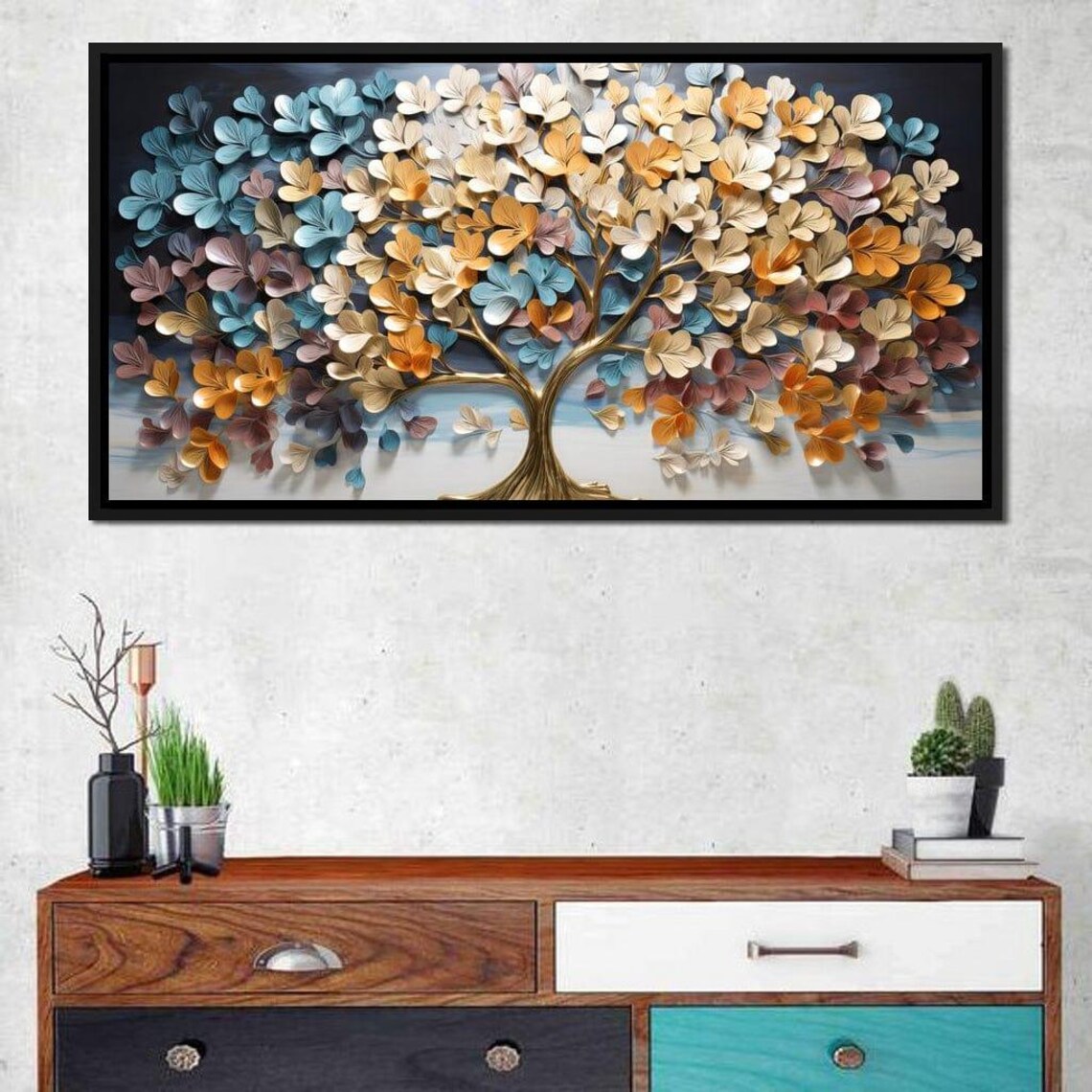 Tree Of Life Golden 3D Metallic Colorful Leaves Multi Panel Wall Art - Image 3