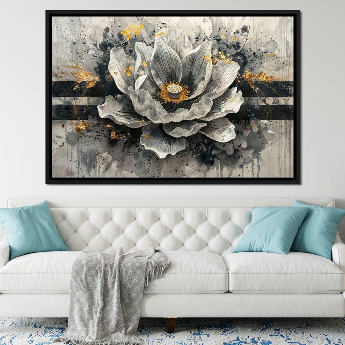 Monochrome Peony Blossom Gold Splatter Ink Abstract Wall Art Poster - Image 2