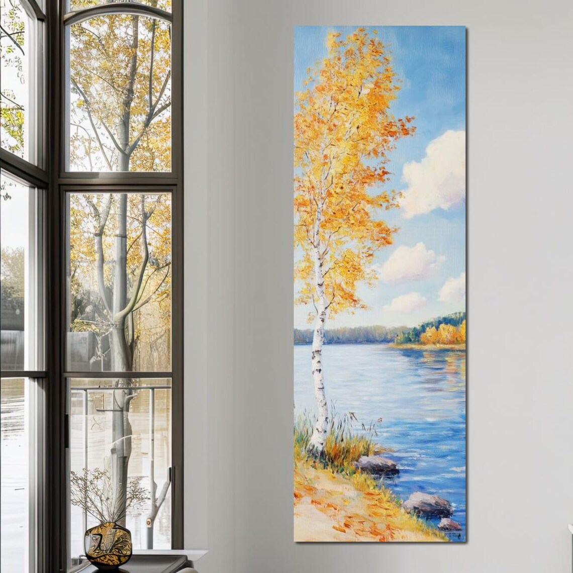 Golden Birch Tree By Autumn Lake Blue Water Fall Colors Nature Print - Image 2