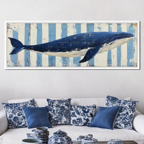 Distressed Navy Whale Striped Beach Coastal Rustic Ocean Wall Art