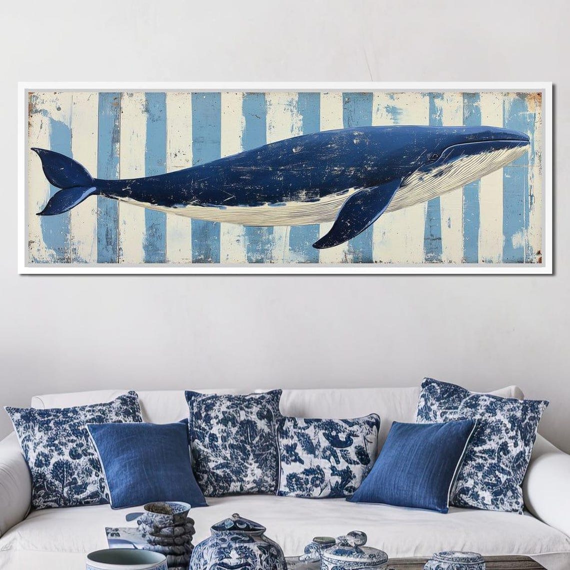 Distressed Navy Whale Striped Beach Coastal Rustic Ocean Wall Art