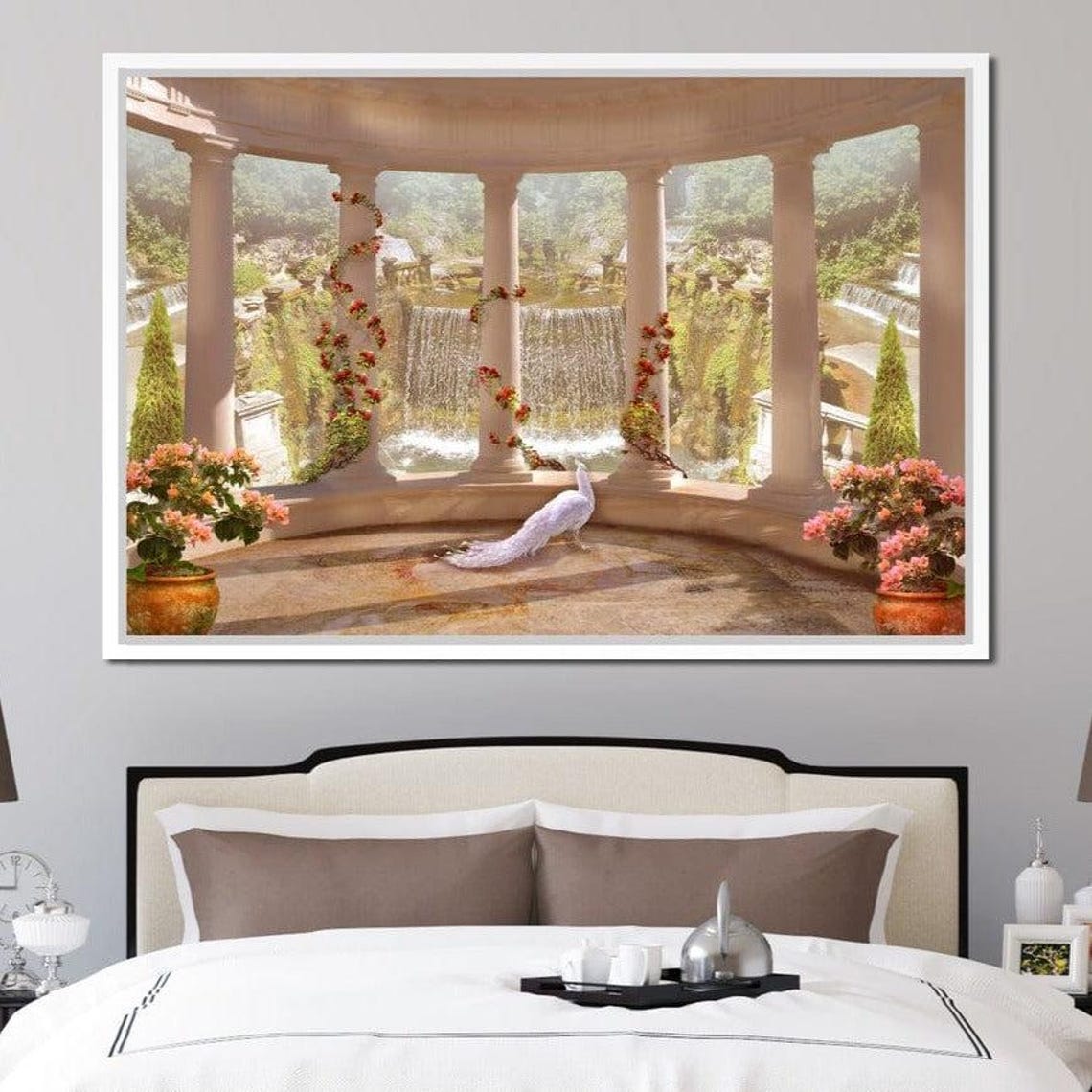 Classical Garden Waterfall Serene Landscape Art Print Nature Wall Decor Romantic Elegant Design Tranquil Setting By Nichecanvas