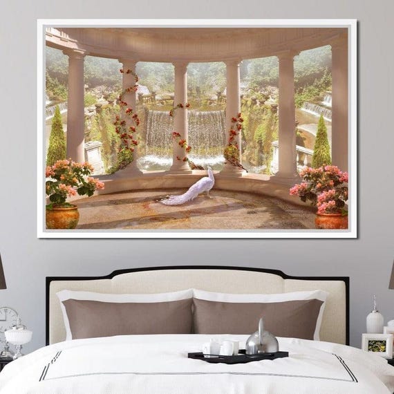 Classical Garden Waterfall Serene Landscape Art Print Nature Wall Decor Romantic Elegant Design Tranquil Setting By Nichecanvas