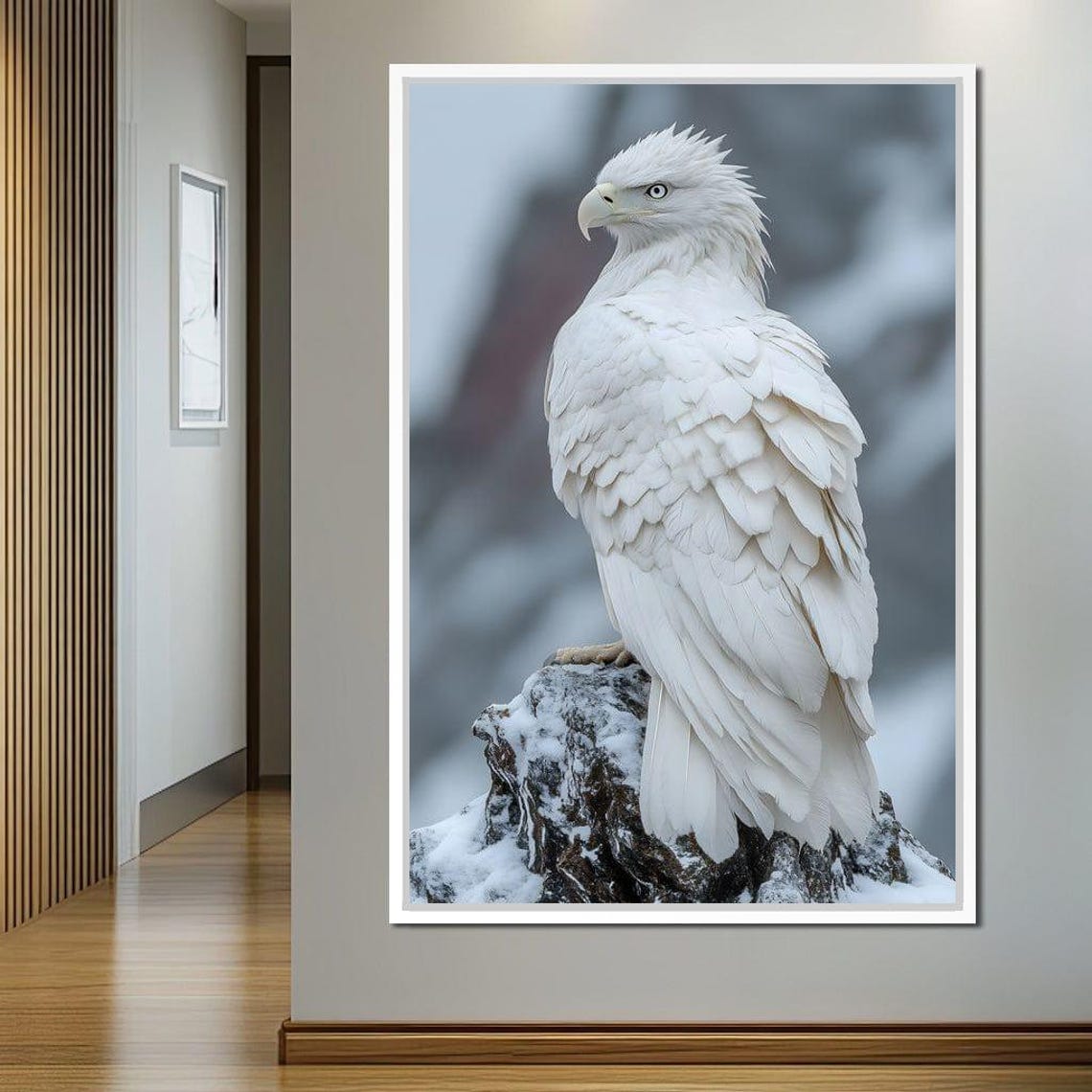 Majestic White Hawk Perched on a Snowy Rock Winter Wildlife Poster - Image 2
