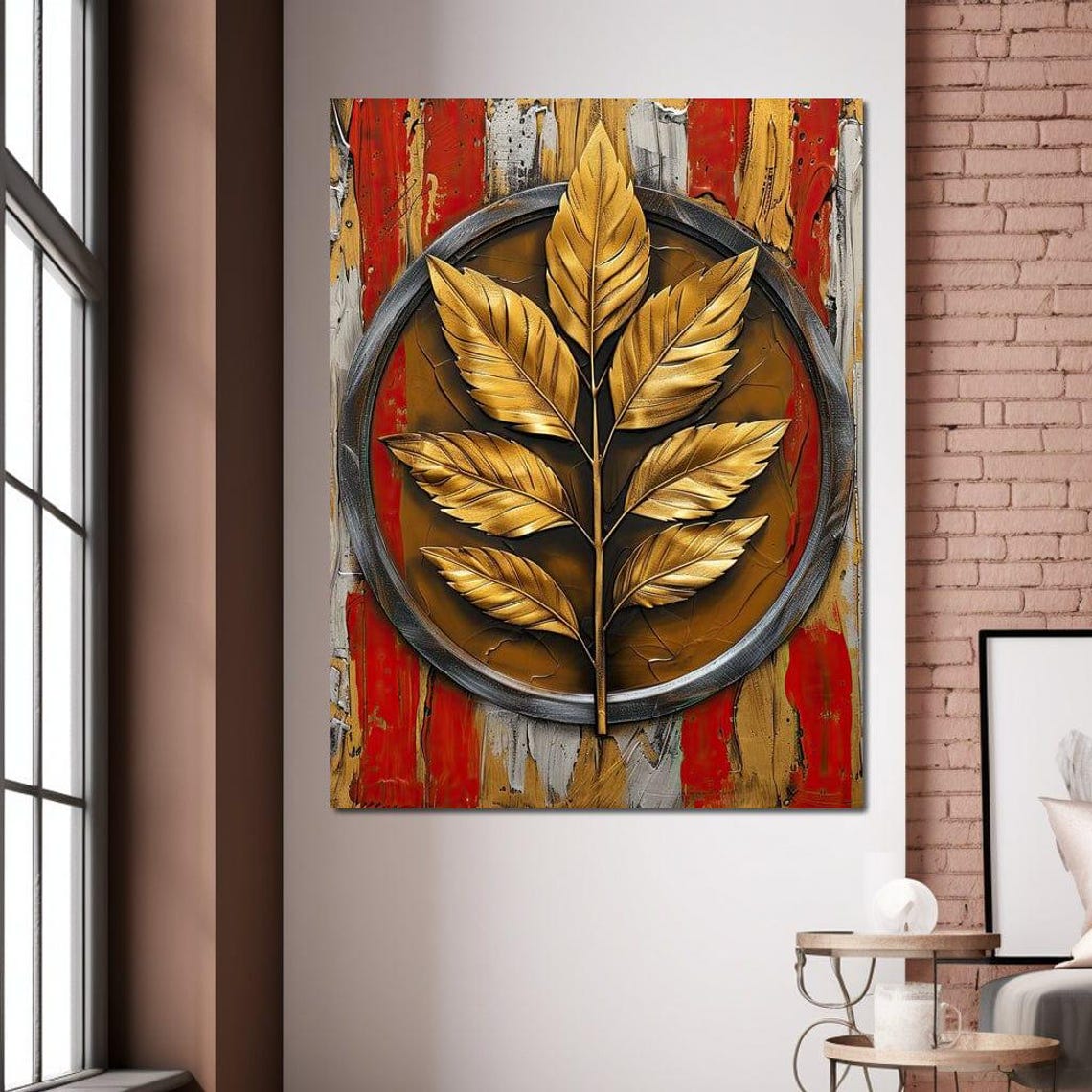Golden Foliage Leaves Circular Frame Red Abstract Botanical Poster - Image 3