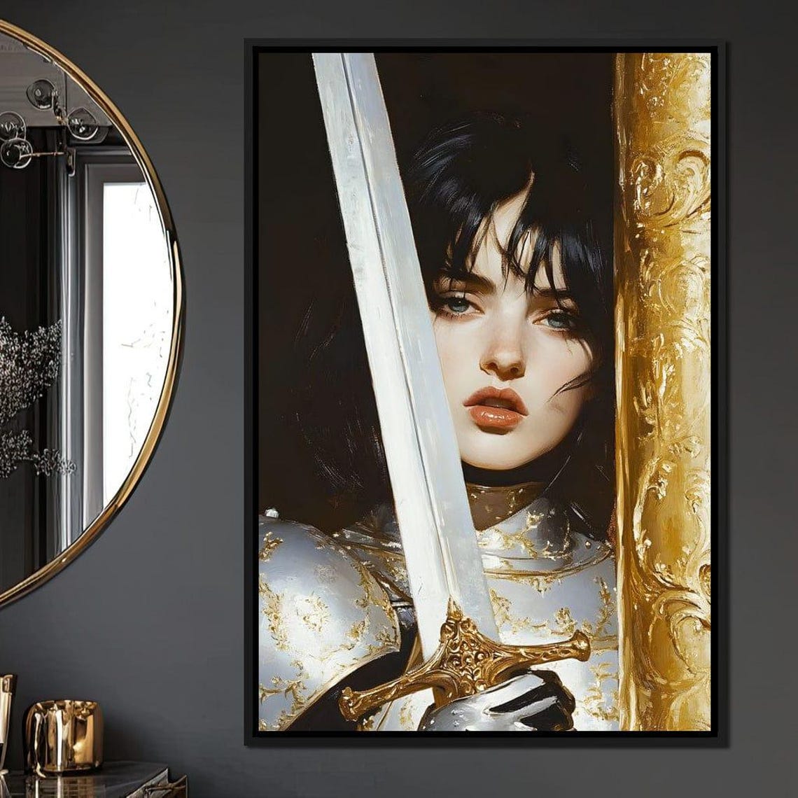 Armored Female Knight Holding a Sword by a Golden Pillar Poster - Image 4