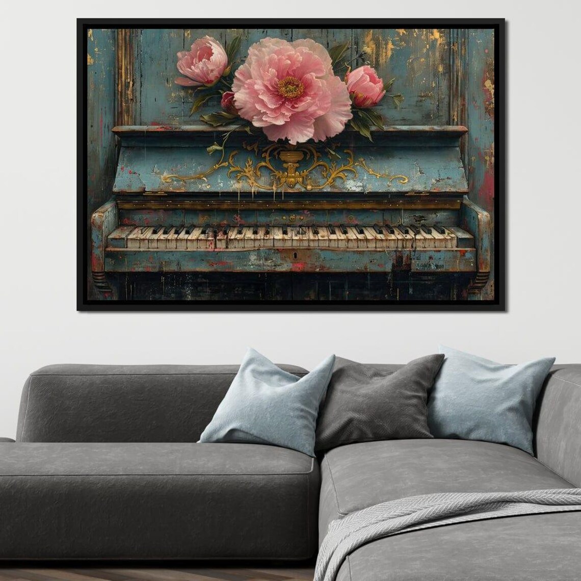 Vintage Blue Upright Piano Pink Peonies Rustic Music Room Decor Poster - Image 4