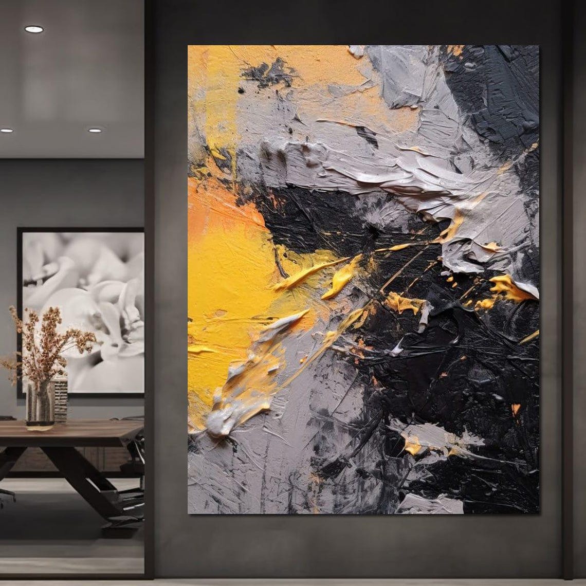 Black Gray and Gold Impasto Abstract Textured Bold Modern Wall Art - Image 4