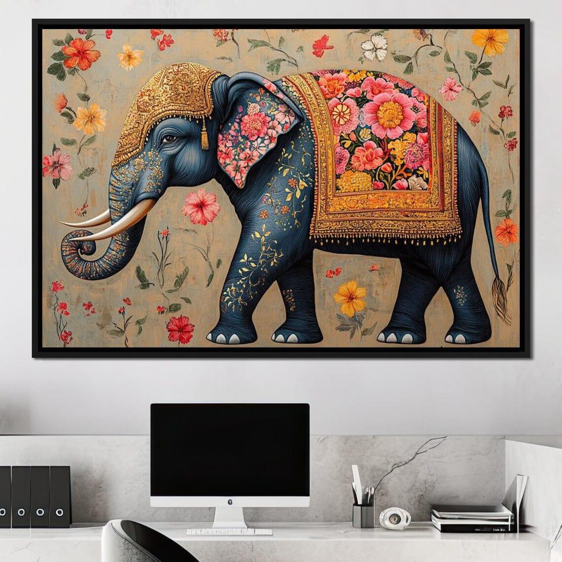 Royal Blue Elephant Gold Floral Ornate Bohemian Decorative Poster - Image 4