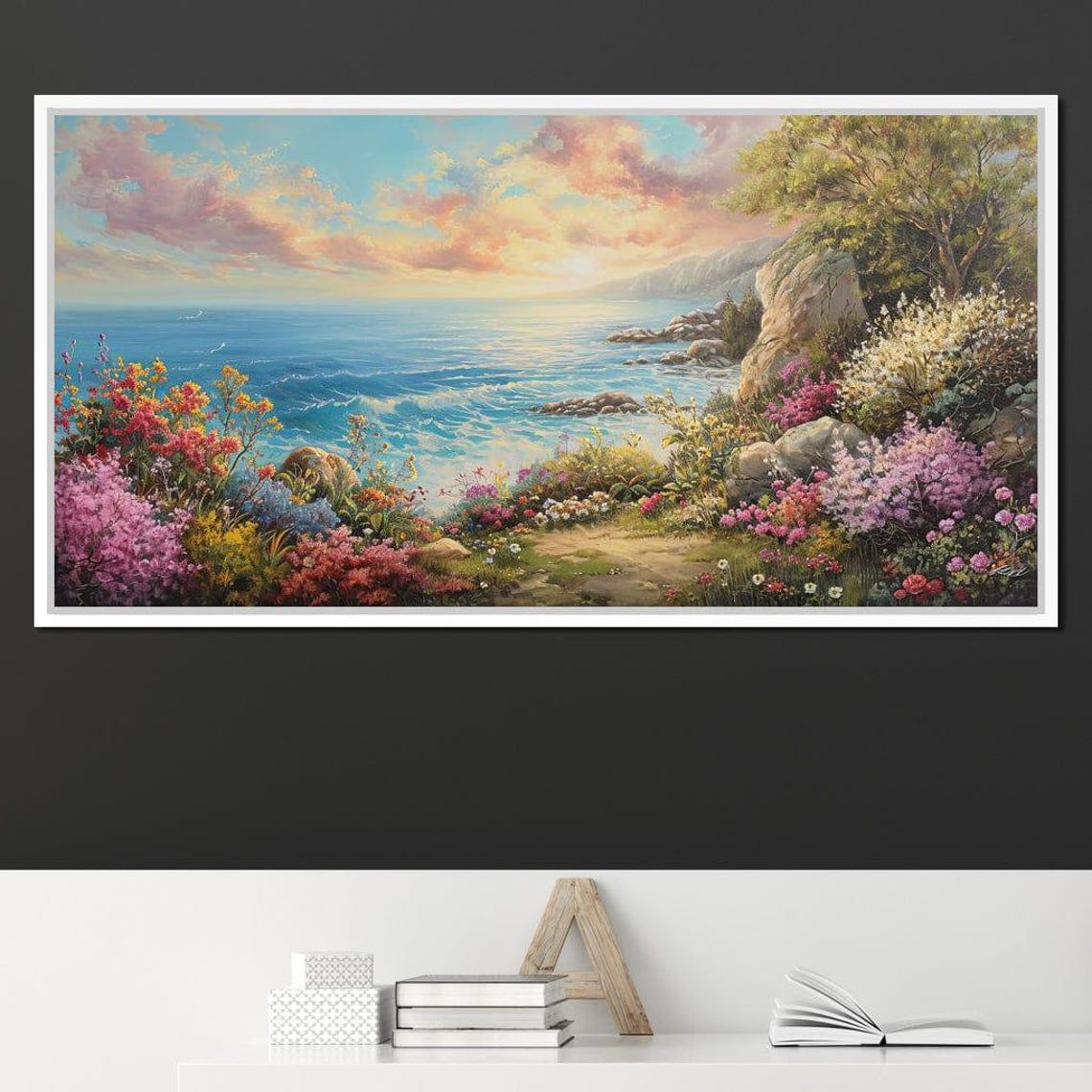 Coastal Cliff Garden Flowers Turquoise Sea Sunset Travel Poster - Image 4