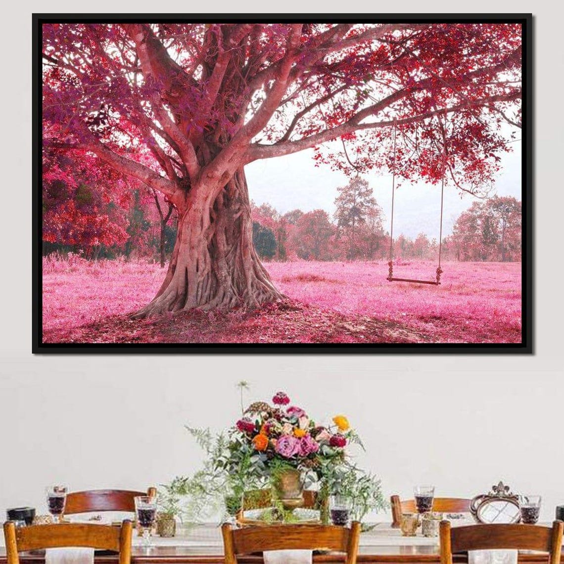 Pink Cherry Blossom Tree Swing in a Dreamy Spring Meadow Nature Poster - Image 2