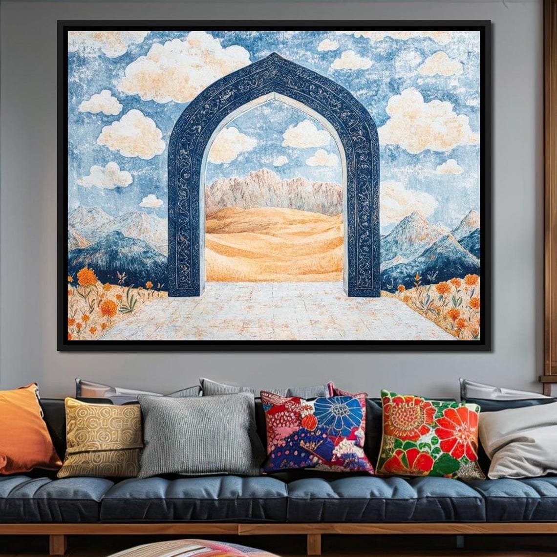 Blue Mosaic Arch Framing Golden Dunes Mountains And Cloudy Sky Poster