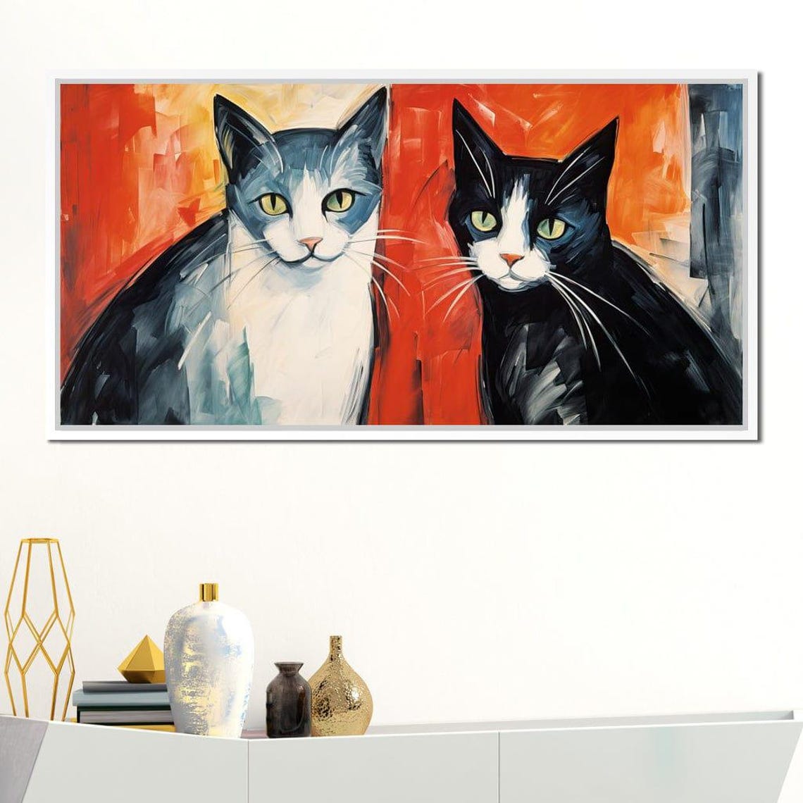 Two Tuxedo Cats Bold Orange Red Background Modern Feline Art Poster - Image 2