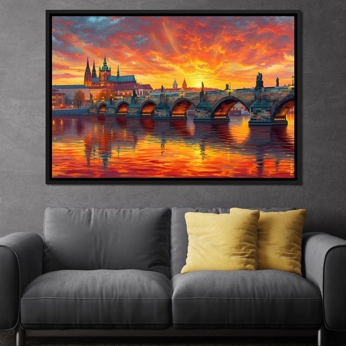Prague Charles Bridge Sunset Fiery Sky River Reflections Travel Poster - Image 4
