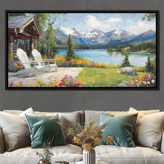 Chairs By The Lake Serene Landscape Art Nature Home Decor Mountain View Tranquil Outdoor Scene By Nichecanvas