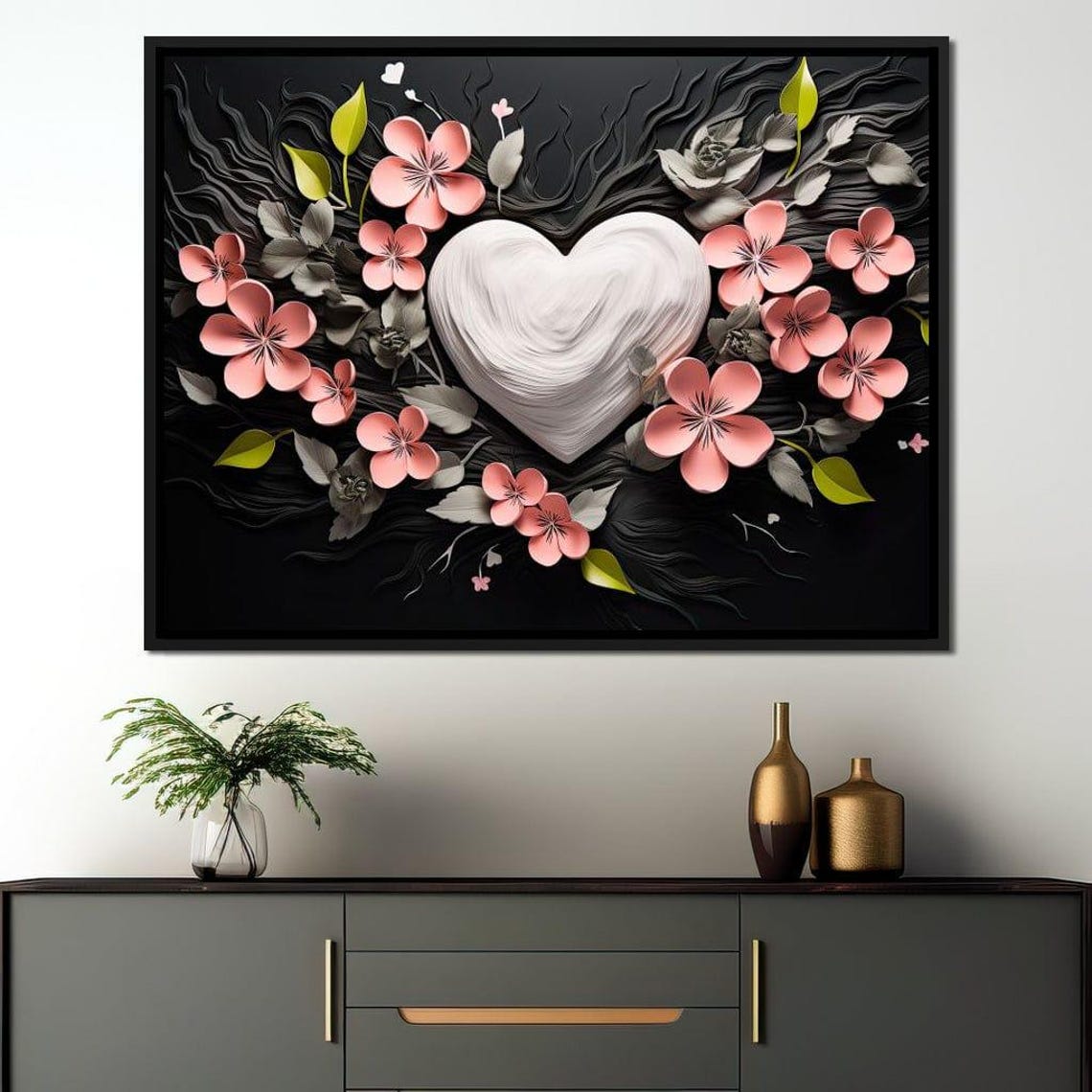 White Heart Pink Cherry Blossoms Black Romantic Love Art Poster - Image 2