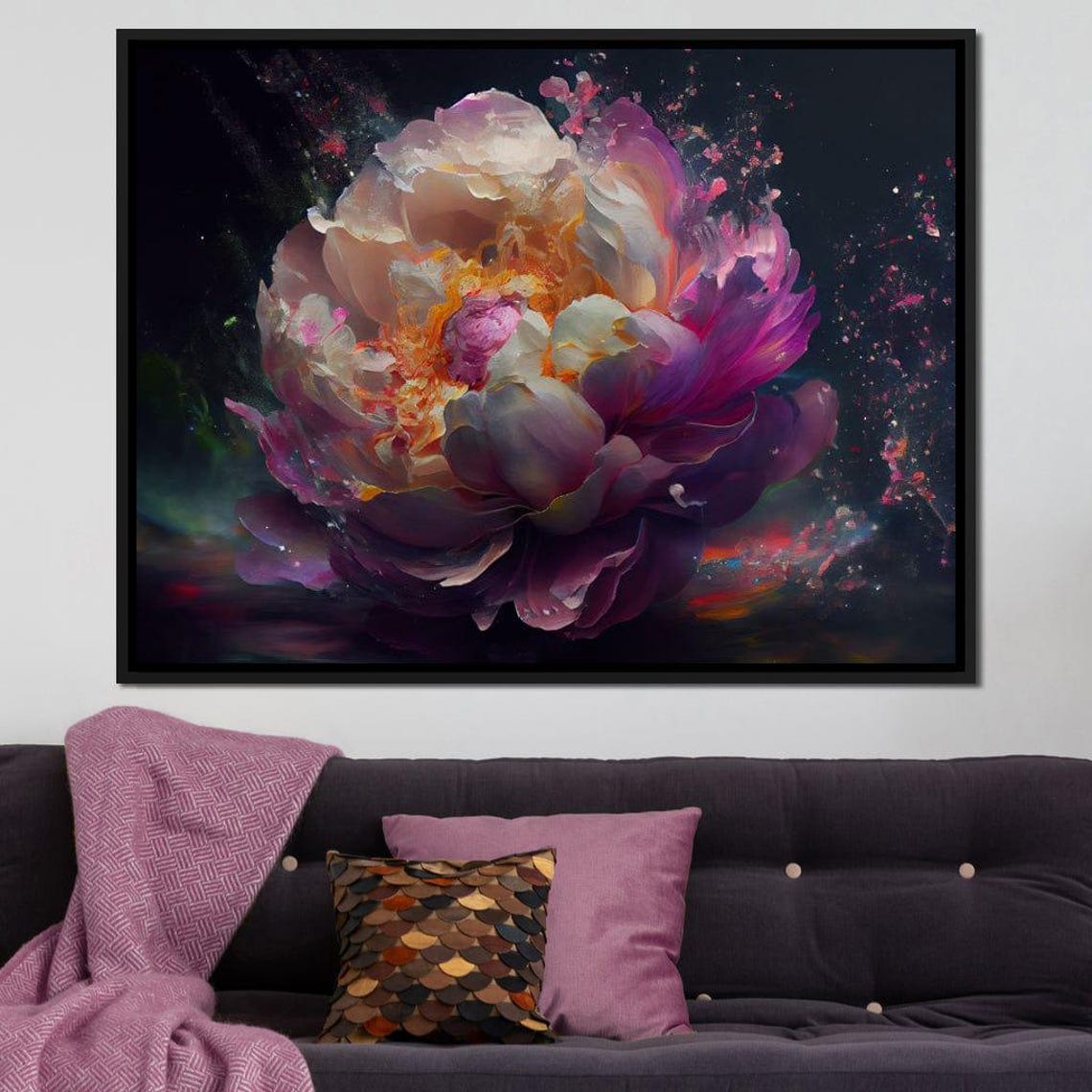 Dramatic Purple Peony Bloom On Dark Moody Background Floral Print