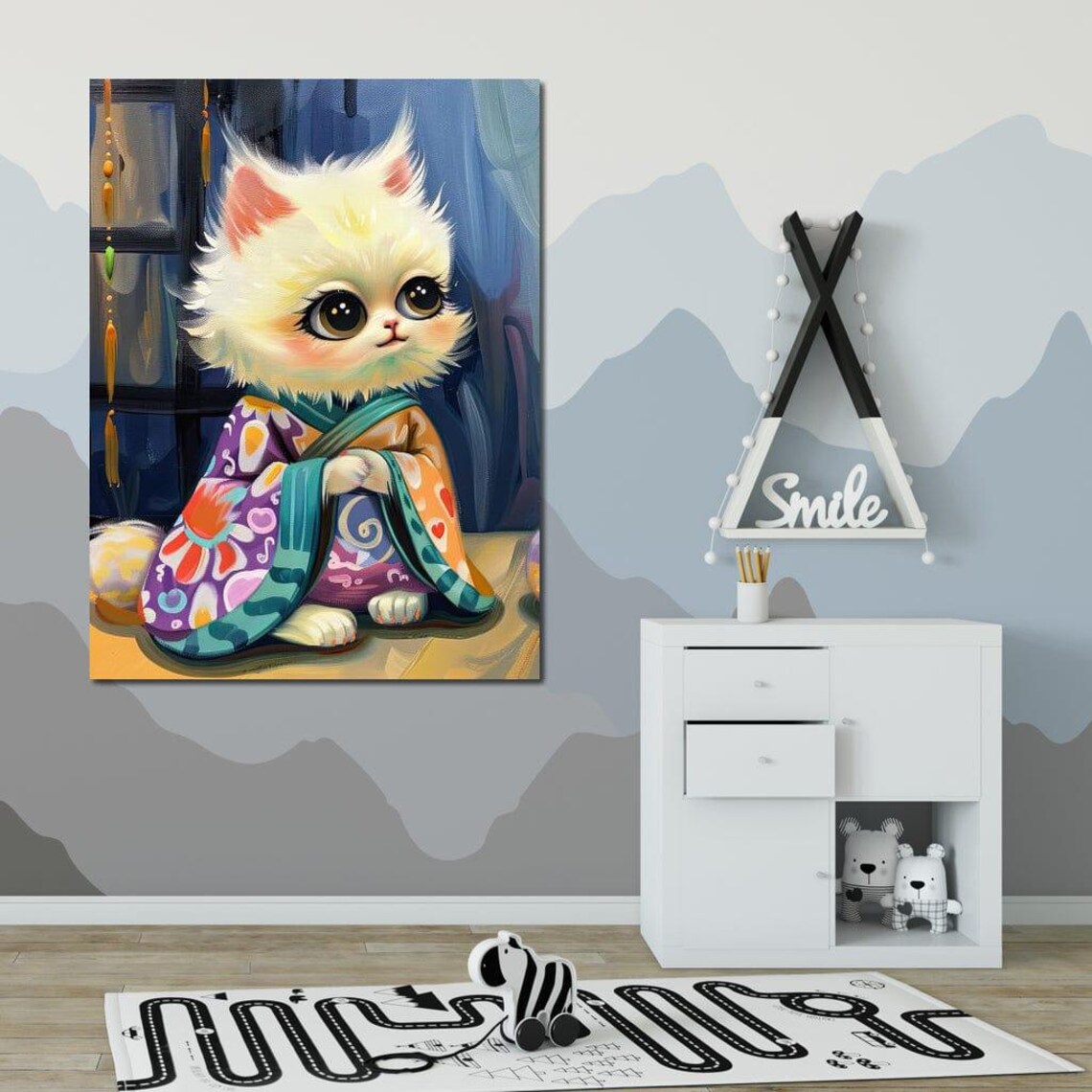 Cute White Kitten Kimono Robe Colorful Whimsical Kids Room Wall Art Poster - Image 2