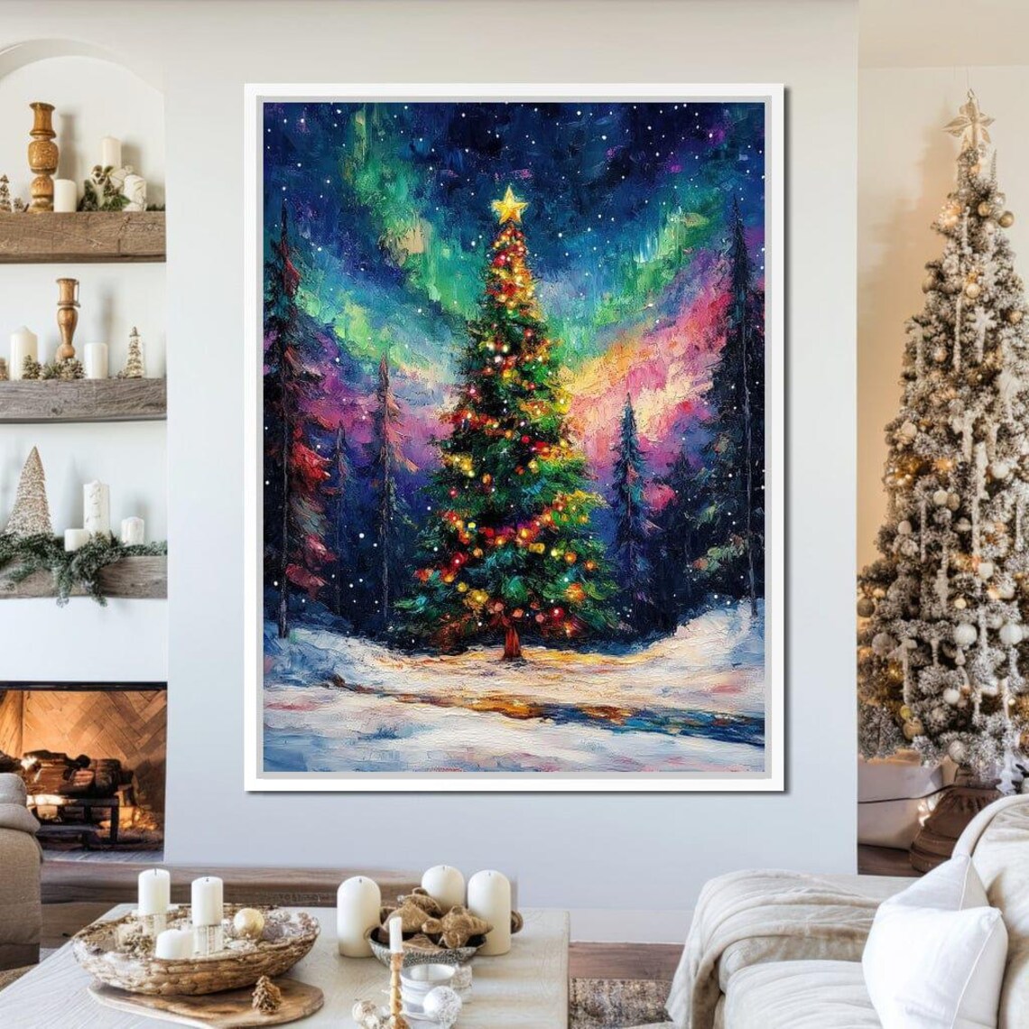 Christmas Tree Under Northern Lights Starry Winter Night Poster - Image 3