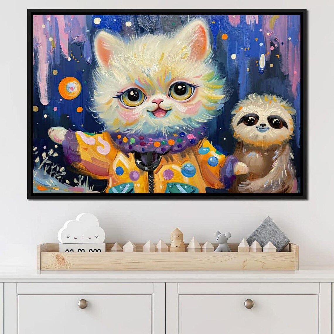 Cute White Kitten And Baby Sloth Starry Night Kids Room Art Poster - Image 2
