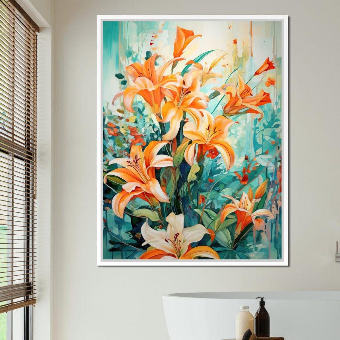 Orange Lilies On Turquoise Background Vibrant Botanical Wall Art Print