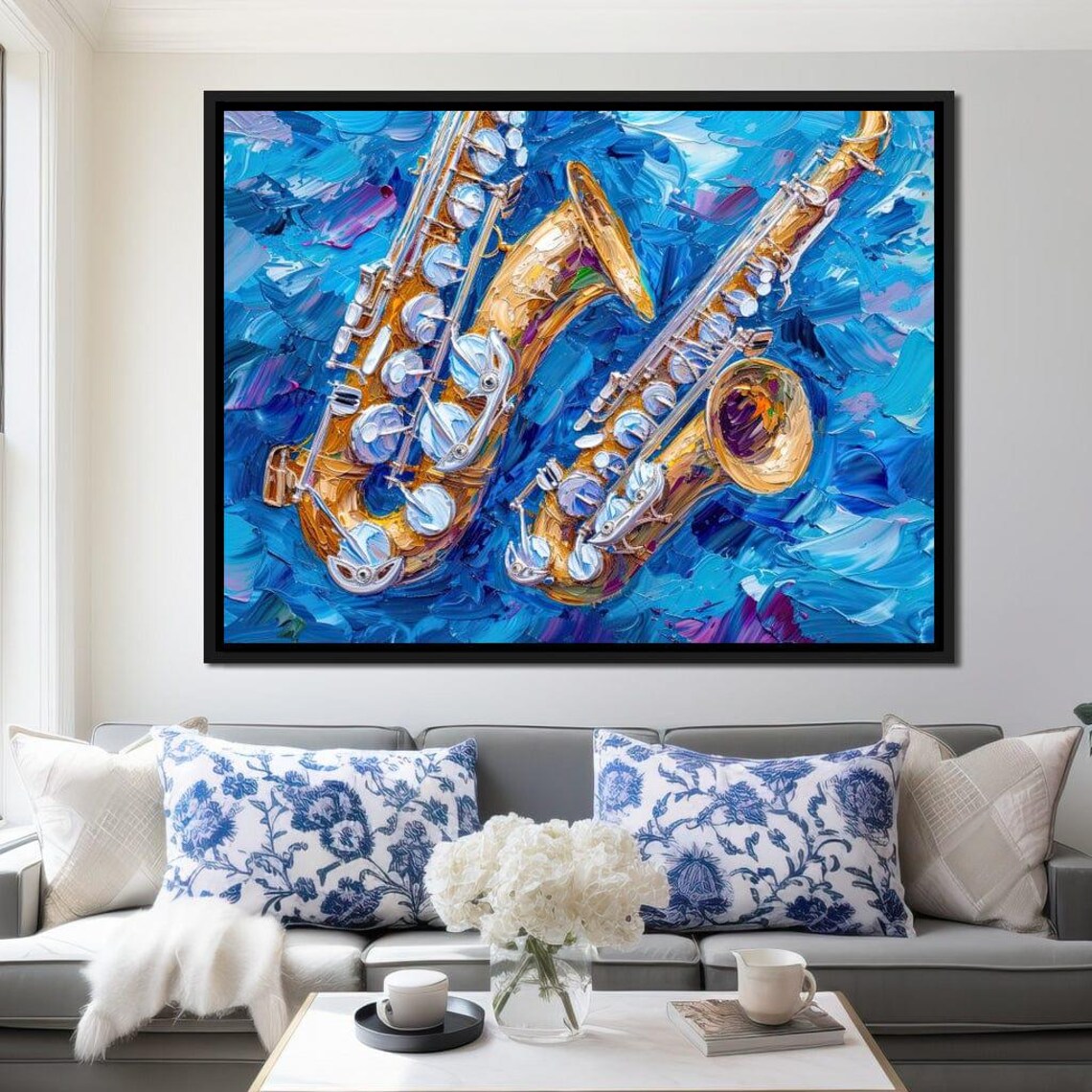 Golden Saxophones Blue Background Impasto Jazz Instrument Modern Art Poster - Image 4