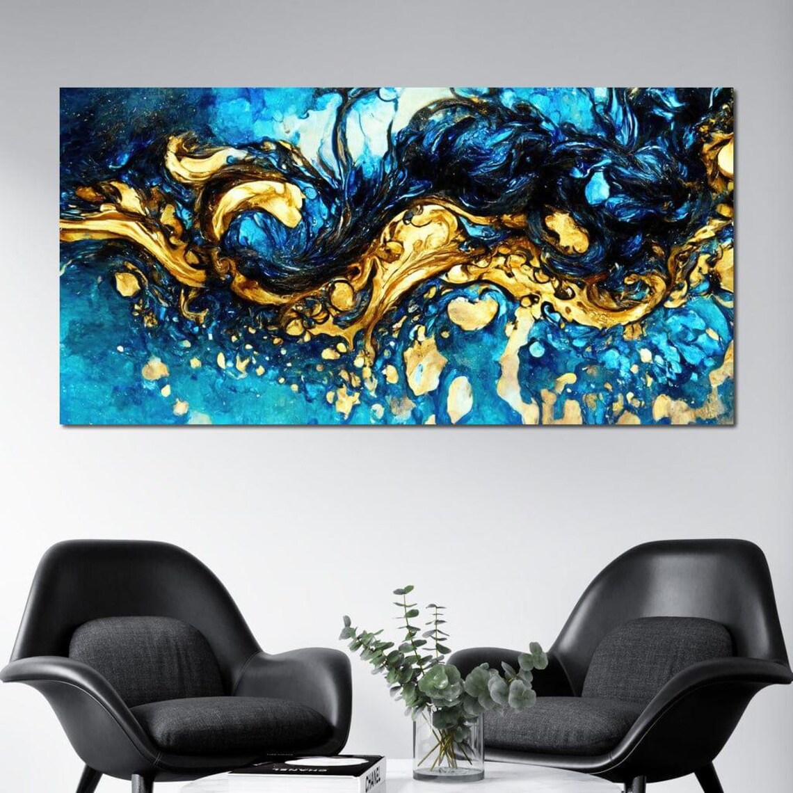 Electric Blue Gold Swirl Ink Waves Framed Abstract Modern Wall Art - Image 2