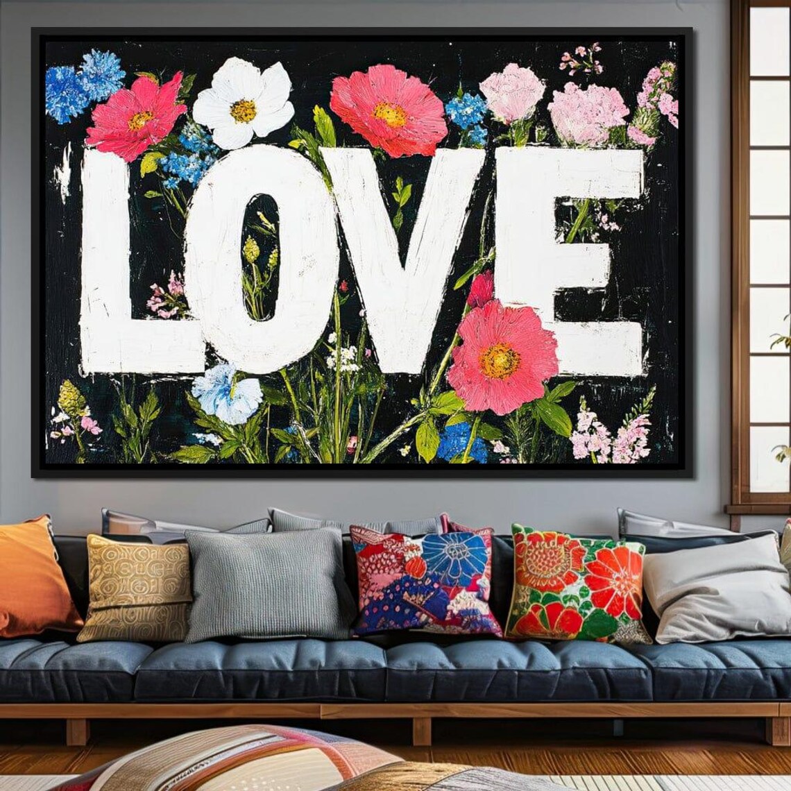 LOVE White Letters Colorful Floral Garden Painting Typography Poster