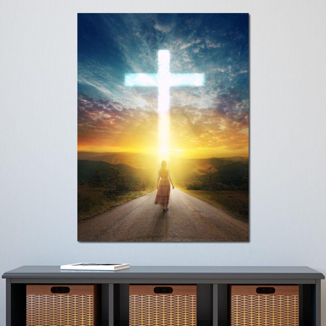 Faith Road Glowing Cross Sunset Journey Hopeful Spiritual Christian Poster - Image 4